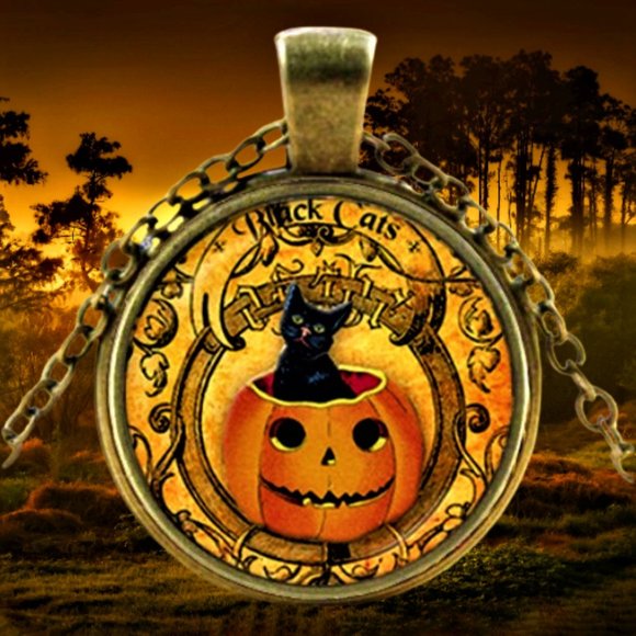 Black Cat / Pumpkin / Fall / Halloween / Pendant Necklace - Picture 1 of 11